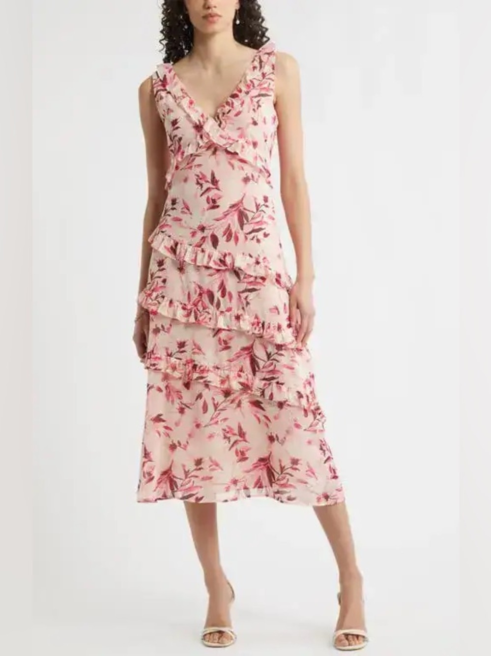 Chelsea28 Pink Floral Ruffle Midi Dress Size S NWOT